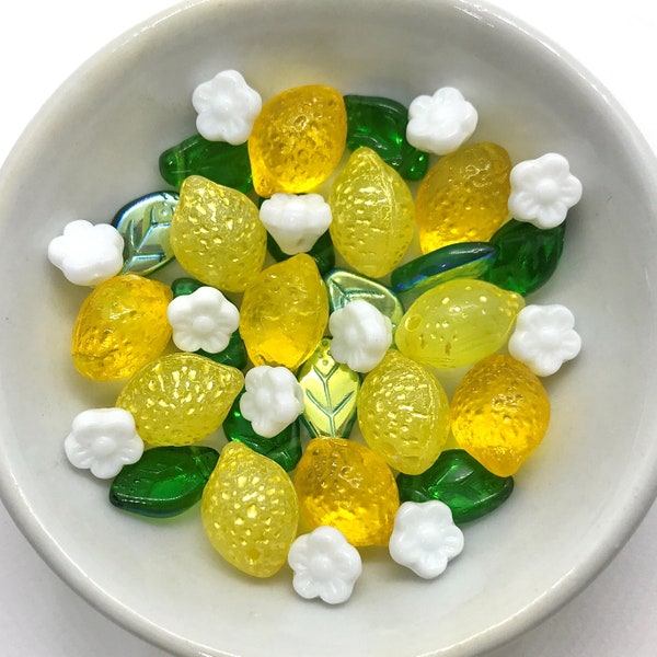 36pc Czech glass lemon sour fruit drop beads mix yellow with green leaves flowers |#5| zzz yyy iptv