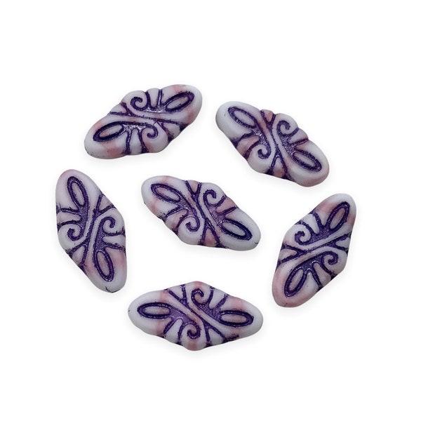 8pc Czech glass arabesque diamond scroll beads pink white purple 19x9mm zzz yyy iptv