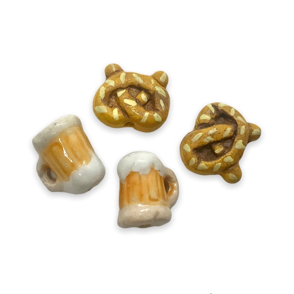 Peruvian ceramic Oktoberfest tiny pretzel beer beads charms 4pc zzz iptv