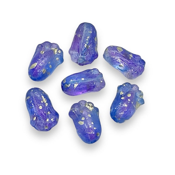 20pc Tulip flower bud beads acid etched blue purple gold 12x8mm Czech glass zzz yyy iptv