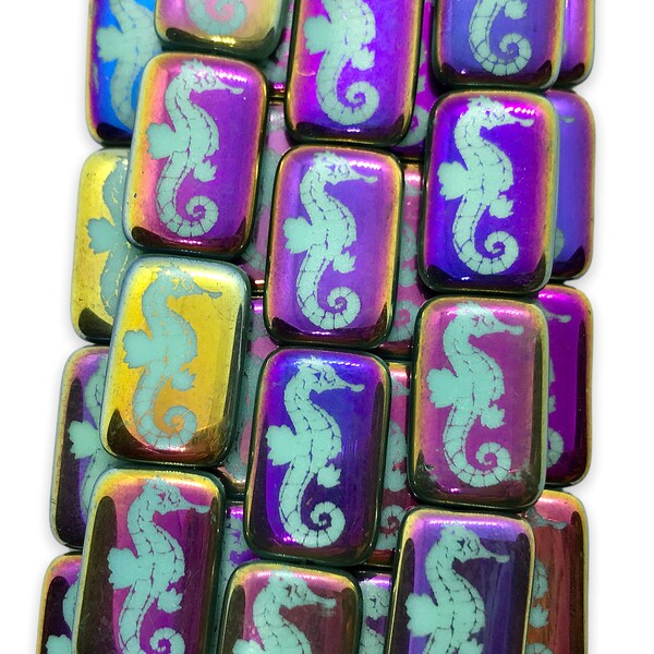 Seahorse rectangle beads turquoise sliperit 6pc 18x12mm Czech glass zzz yyy iptv