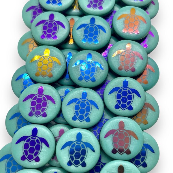 Sea turtle coin beads 8pc turquoise iris 16mm Czech glass laser tattoo yyy iptv