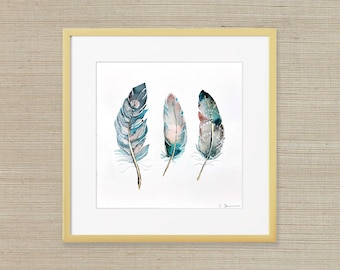 Feathered Drift – Original Alcohol Ink Abstract Painting | Teal, Blush & Gold Feather Art | 12x12 Modern Wall Decor