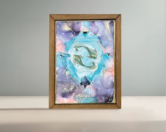 Artwork ~ Zodiac - Pisces ~ Ready to Hang - Unique Artwork - Unique Frame - Zodiac Gift - Alcohol Ink - One of A Kind