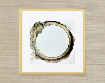 Golden Stillness – Original Alcohol Ink Abstract Painting | Neutral Beige, Gold & Black Circle Art | 12x12 Modern Wall Decor