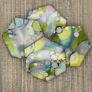 Hexagon Alcohol Ink Coasters - Set of 4 - Ceramic Base - Hand-Painted - Durable Resin Finish - Unique Gift - One of a Kind