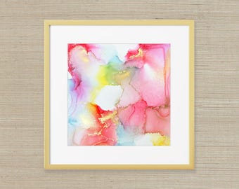 Radiant Spectrum – 12x12 Alcohol Ink Abstract in 16x16 Gold Frame, Vibrant Fluid Art with Rainbow Color Bands