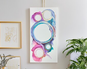 The Getaway – Original Alcohol Ink Abstract Circle Art, Hand-Painted Portal Artwork, 24×12 Ready to Frame