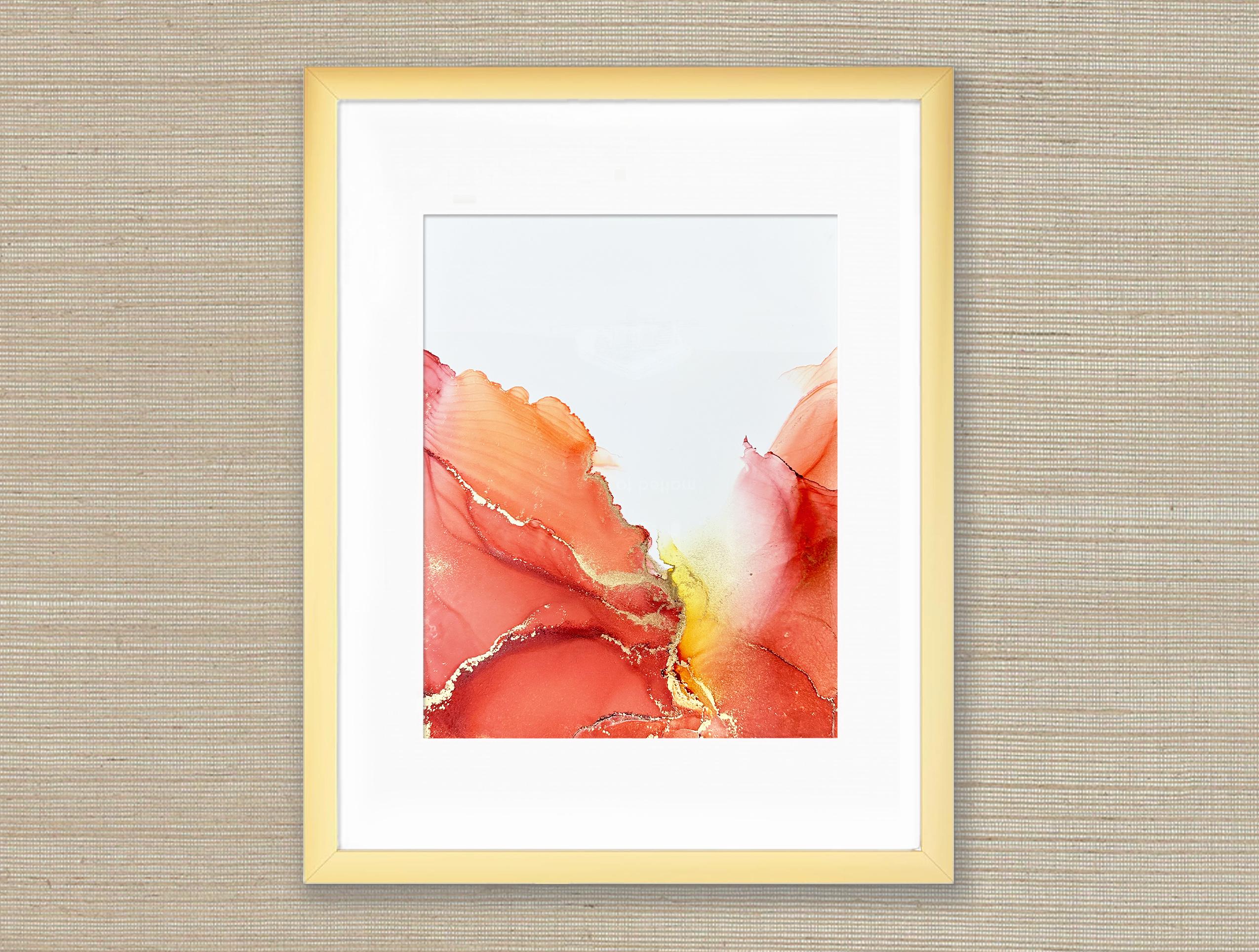 Ember Rise - Bold 8.5x10.5 Alcohol Ink Abstract Red-Orange Fluid Art with Optional Gold Frame & Plexiglass Mat - Fire Art