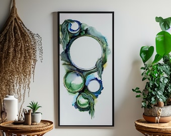 Emerald Nexus – Original Alcohol Ink Abstract Circle Art, Hand-Painted Portal Artwork, 12x24, Ready to Frame