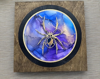 Arachnid Eclipse - Unique Insect Art - Spider Artwork - Iridescent Mirror Inset - Stained Glass Inspired - Unique Bug Art