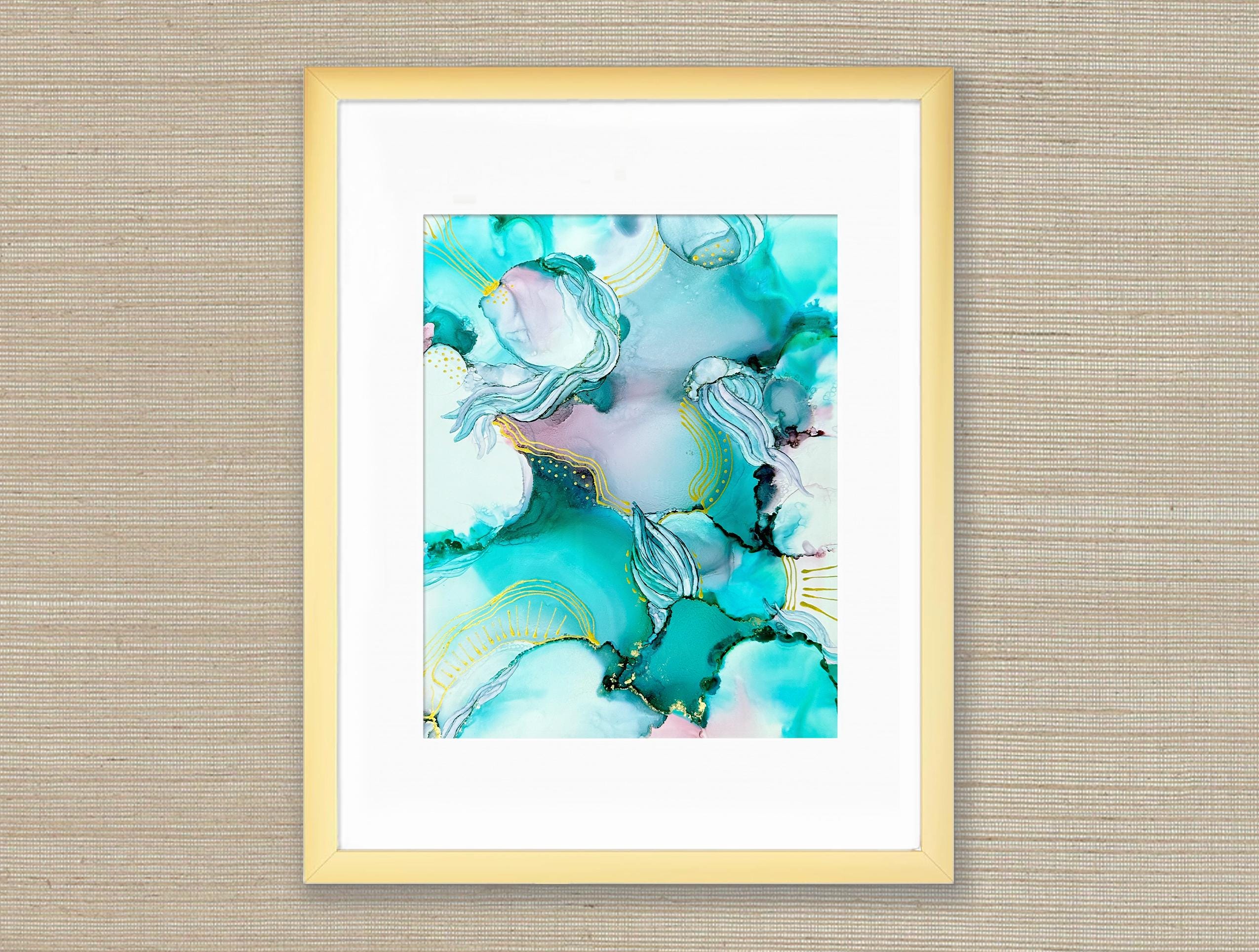 Thistlewind Veil Alcohol Ink Abstract 8.5x10.5 in 11x14 Gold Frame Green & Gold Artwork