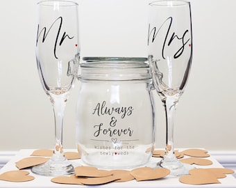 Mr & Mrs Champagne Flutes and Well Wishes Jar , Engagement Gift Set , Wedding Shower Gift , Bride Groom Gift