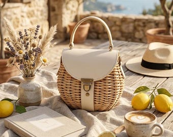 Borsa estiva leggera in vimini fatta a mano. Manico superiore, a tracolla.