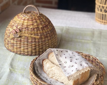 Cesto de pão em vime trançado à mão com tampa em forma de cúpula | Decoração de cozinha ecológica