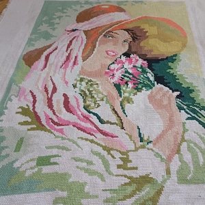Finished French Vintage Young Lady in Hat Needlepoint Tapestry, Handmade Unframed Antique Cross Stitch Woman Portrait in Wide Brim Hat