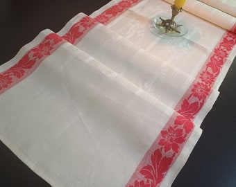 Chemin de table damassé français inutilisé en tissage jacquard rouge et crème motif floral