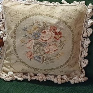 Antique French Gobelins Tapestry Weave Pillowcase, Aubusson Needlepoint Wool Cushion Cover, Rose Needlework Decorative Couch Throw Pillow