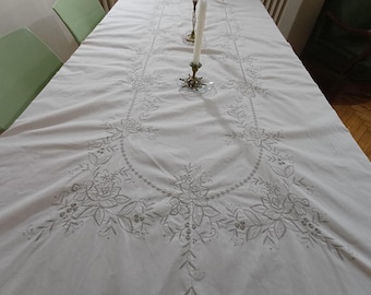 Unused Vintage Extra Long Floral Madeira Embroidery Oval Cream Linen Tablecloth with Scalloped Edge