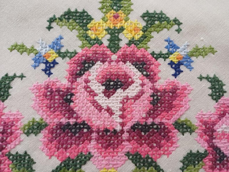 May include: Close-up of a cross-stitched floral design. The embroidery features a large pink rose with white and dark pink shading, surrounded by green leaves and smaller blue and yellow flowers. The background is a light beige fabric.