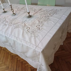 Nappe Vintage Française En Lin Brodé Et Ajouré - Motifs Floraux - 214x124cm