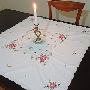 Square Rose Cross Stitch Tablecloth with Hole Pattern, Vintage Handmade Hand Embroidered Decorative Table Overlay, Christmas Table Cover