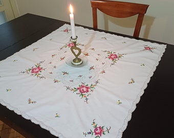 Vintage Rose Cross Stitch Tablecloth: Handmade Embroidered Linen Overlay