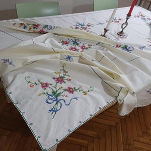 Large Colorful Floral Bouquet Cross Stitch Embroidery Ivory Linen Handmade Tablecloth