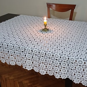 49 inch Square White Hand Crocheted Unique Tablecloth, Handmade Floral Crochet Lace Cotton Table Cover, Hand Knitted Table Cloth Overlay