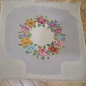 Completed Floral Needlepoint Tapestry For Cushion or Chair, Vintage Hand Stitched Needlework French Tapestry for Upholstery