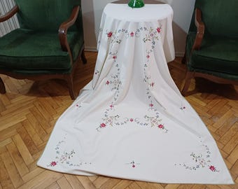 Rose Cross Stitch Cream Linen Tablecloth, Vintage  Hand Embroidered Christmas Table Cover, Gift