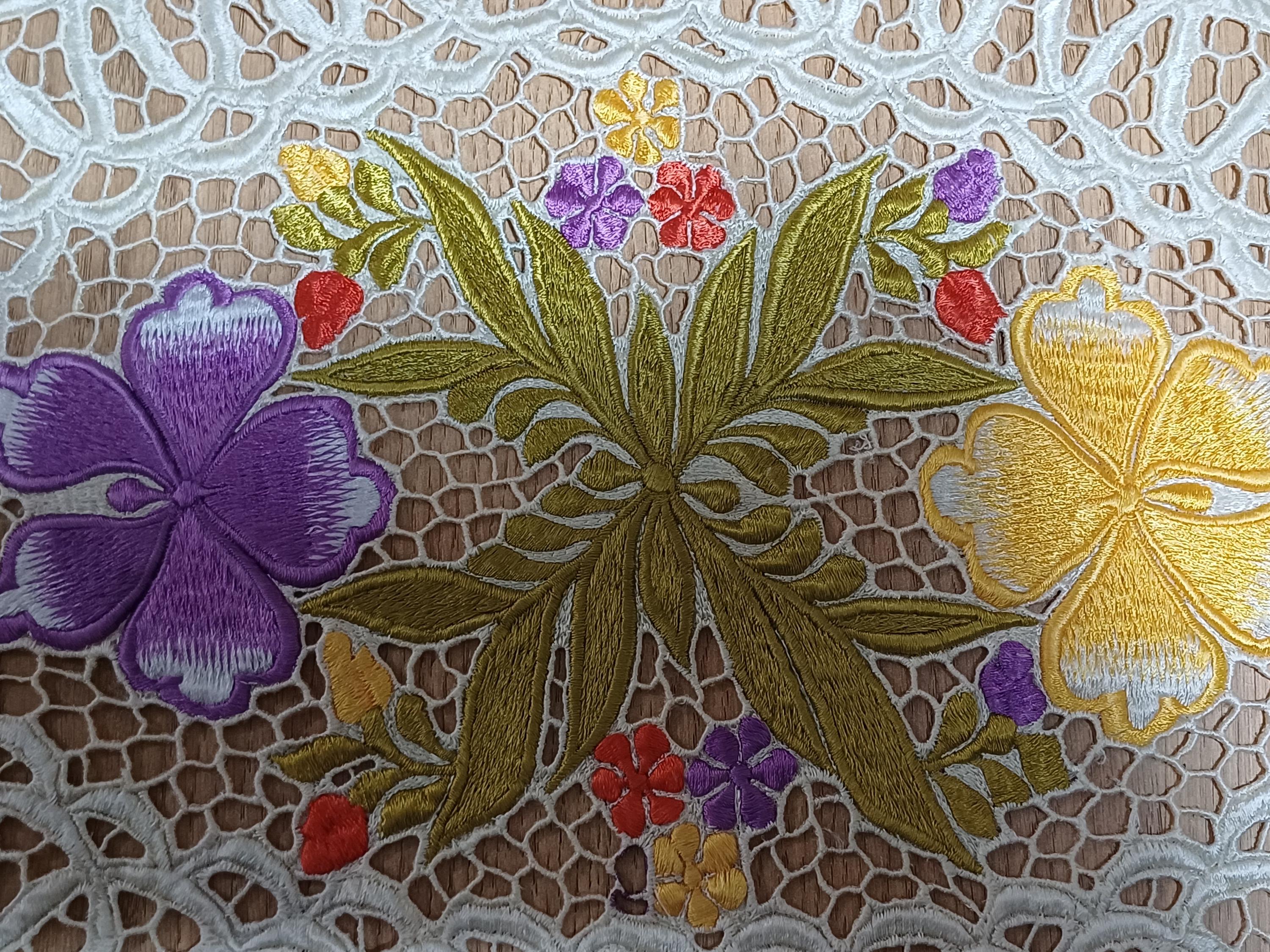 手作りカロチャ刺繍テーブルランナー＆ドイリー：ハンガリーの花柄