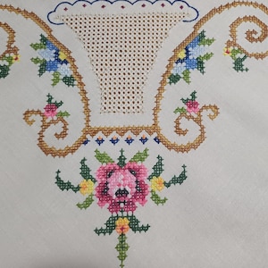 May include: Close-up of a cream-colored textile featuring cross-stitch embroidery. The design includes a central floral arrangement in pink, green, and yellow, with a basket-like shape above. The border is adorned with gold-colored swirls and blue and yellow flowers.