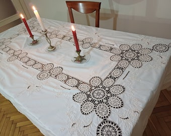 Vintage Crochet and Madeira Large Tablecloth, Handmade Embroidery Cream Cotton Linen Table Cloth With Hand Crocheted Lace Trim, Gift for Her