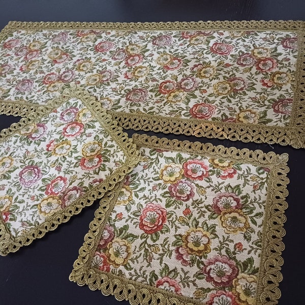 Vintage Belgium Brocade Table Runner with 2 Matching Doilies, Belgian Tapestry Gobelin Table Mats with Metallic Trim, 3 Doily, Centerpiece