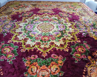 Vintage Floral Velvet Coverlet,  Rustic Large Shiny Rose Tapestry Burgundy Velour Rug, Blanket, Sofa Throw