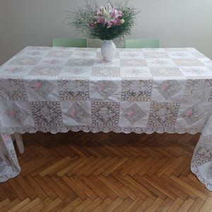 Extra Long Patchwork Floral Embroidery Organza and Lace Table Cover, Vintage Army Navy Tablecloth,