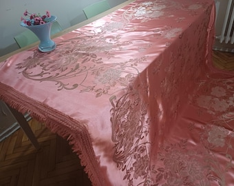 Unbenutzte Vintage Rosa seidiger Satin Italienischer Brokat Tagesdecke oder Tischdecke mit 2 Deckchen