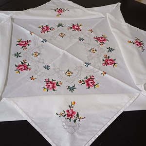 Rose Cross Stitch Linen Tablecloth, Hand Embroidered White Table Overlay, Christmas Table Cover, Gift
