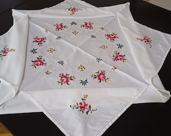 Rose Cross Stitch Linen Tablecloth, Hand Embroidered White Table Overlay, Christmas Table Cover, Gift
