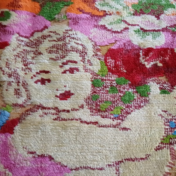 Vintage Velvet Carpet Tablecloth with Cherub and Flower, Rustic Large Shiny Fringed Angel Tapestry Velour Couch Throw Cover, Blanket, Rug