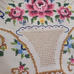 May include: Close-up of a cream-colored embroidered textile featuring a floral design. The embroidery includes pink roses, blue and yellow flowers, and a decorative border. The textile has a cut-out section with a lace-like pattern.