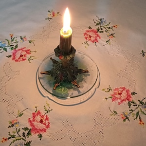 Pink Rose Cross Stitch Tea Tablecloth with Hole Pattern, Vintage Hand Embroidered Ivory Table Overlay, Christmas Table Cover, Gift