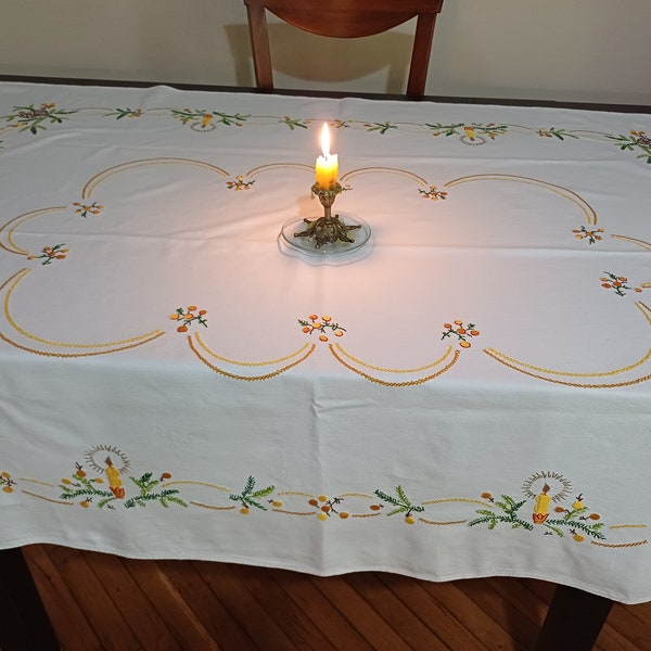 Christmas Motives Embroidery White Tablecloth, Yellow Candles Embroidered Table Cloth, Gift for Her