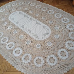 Oval Crochet Tablecloth with Gray Madeira Embroidery, Hand Crocheted and Embroidered Beige and Cream Patchwork Table Cover, Gift for Her