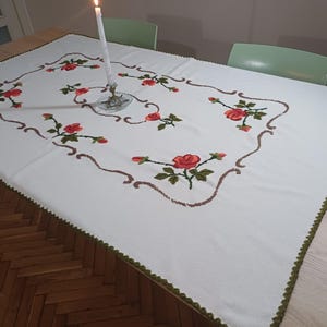 Hand Embroidered Beige Vintage Decorative Tablecloth, Handmade Red Rose Embroidery Wool Table Cloth Rectangle, Farm House Decor Living Room