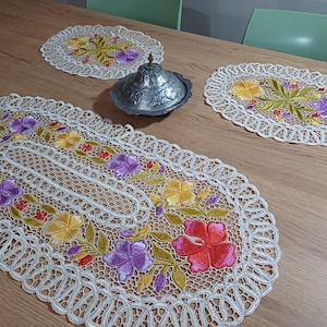 Set of 3 Hungarian Kalocsa Table Runner, Vintage  Hand Embroidered Colorful Floral Oval Table Runner with 2 Doily, Handmade Mothers Day Gift