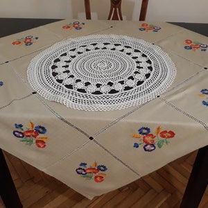 Unique Handmade Cross Stitch Embroidery Beige Linen Tablecloth with Hand Crocheted Lace Applique in the Middle