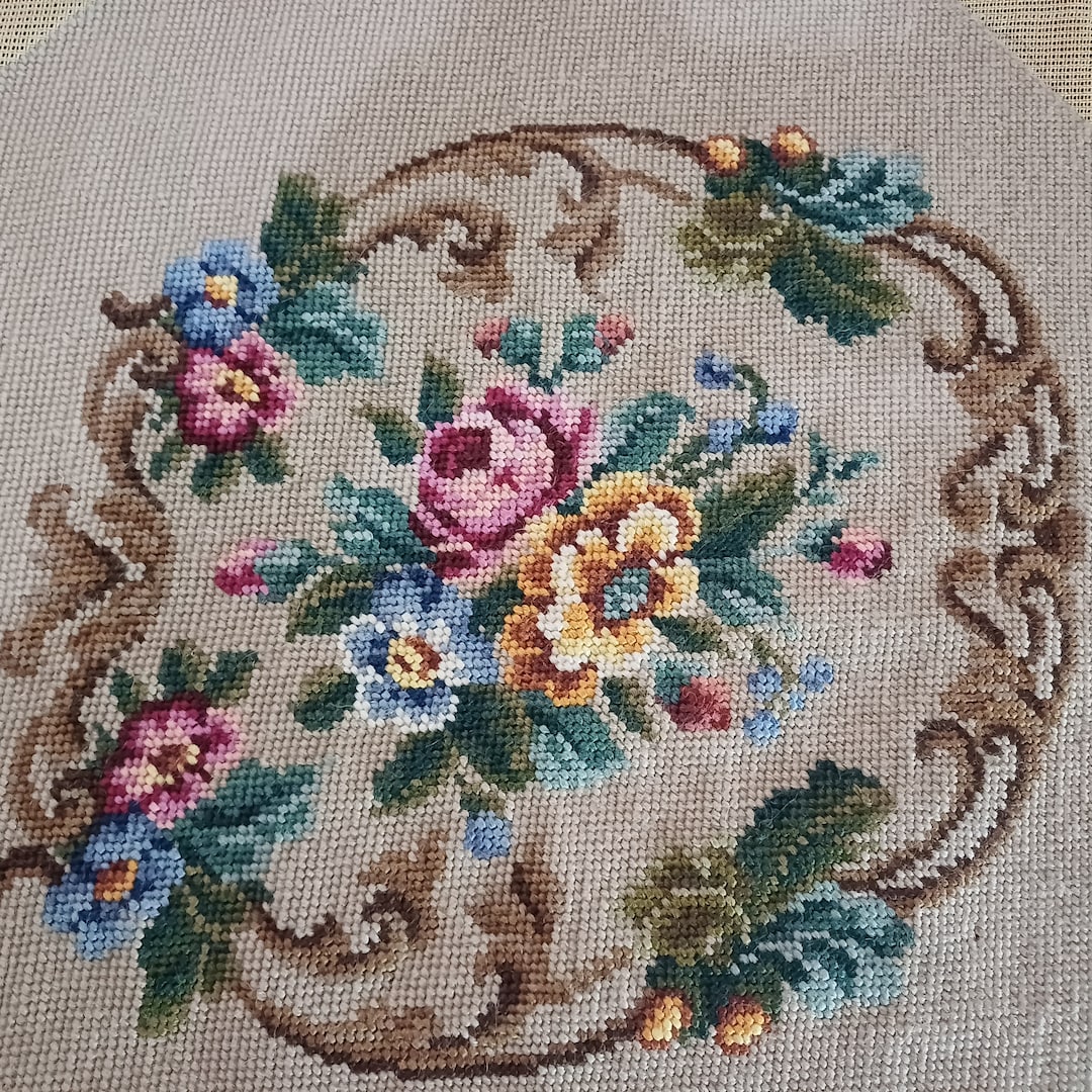 Finished Chair Cover Needlepoint Tapestry , Gorgeous Needlework Rose ...