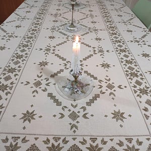 Hand Embroidered Beige Linen Tablecloth, Khaki Green Embroidery Large Table Cover, Vintage Home Decor Gift